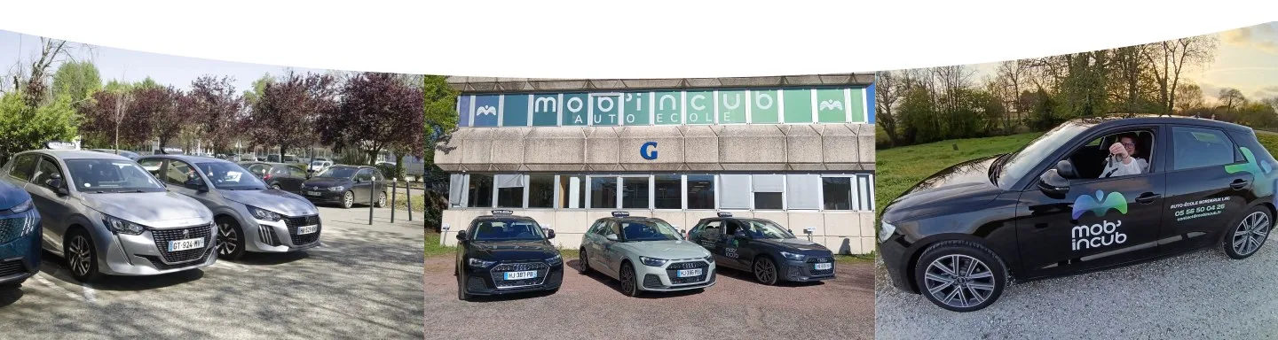 Voitures Audi A1 et Peugeot 208 de l'auto-école Mob'incub à Bruges, Bordeaux Lac — formation permis B